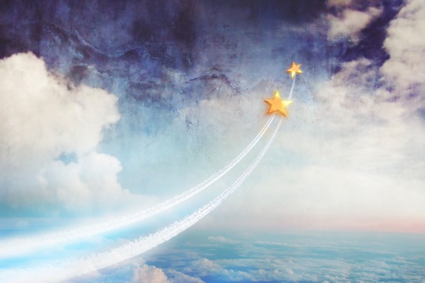 Two stars flying above the clouds, up into space. Dream together, relationships and dreams, a conceptual image (Two stars flying above the clouds, up into space. Dream together, relationships and dreams, a conceptual image, Byte, 222 components, 222 b