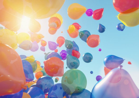 many Balloons Flying to the blue sky with sunlight - 3D Rendering